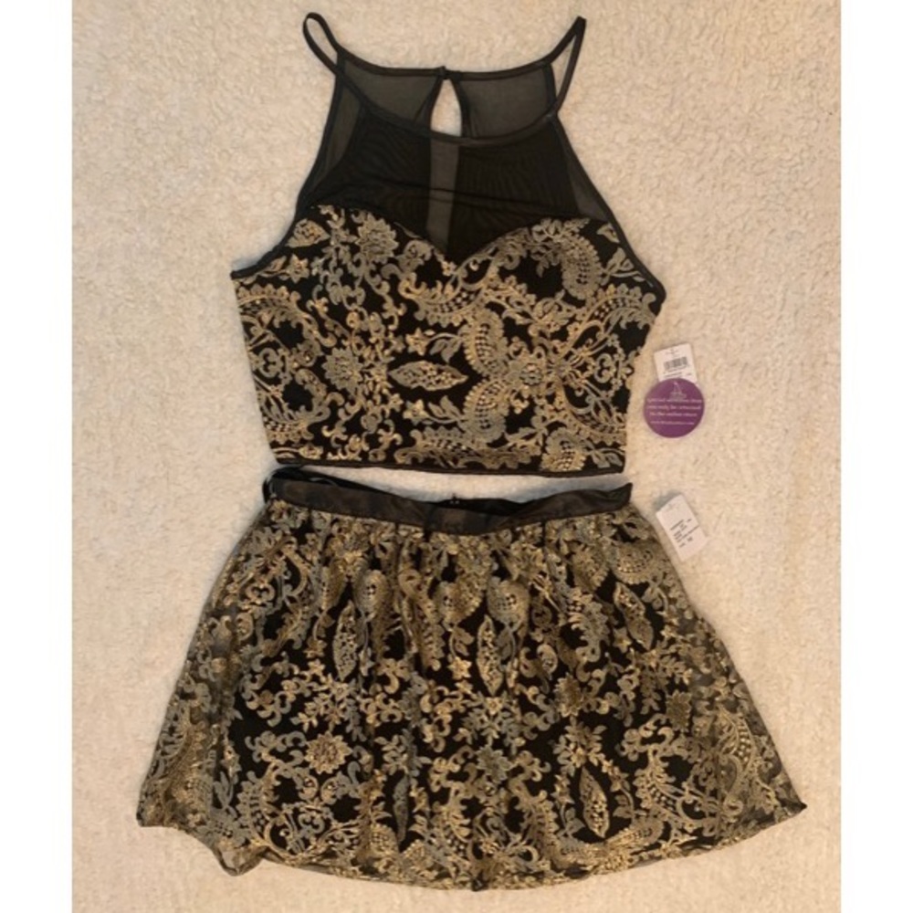 Black 2 piece formal with blk & gold lace overlay